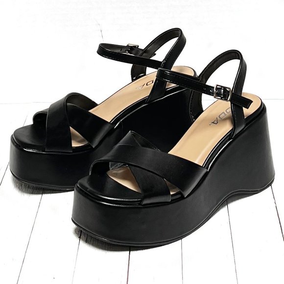 New Black Cross Platform Wedge Sandals - Picture 3 of 6